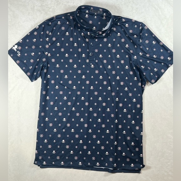 G/FORE XL Blue Polo Skull Logo All Over Print Golf Performance Shirt C10 - Picture 1 of 6